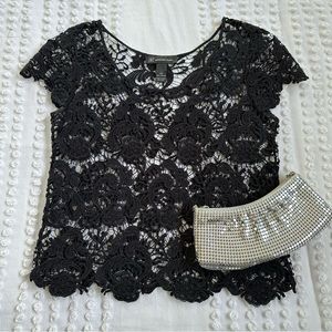 INC International Concepts Black Lace Embroidered Short Sleeve Top
